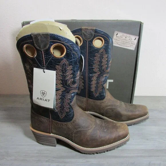 Ariat Men's Hybrid Roughstock Square Toe 12" Boots Fiery Brown Crunch/Western Bl - Picture 1 of 4